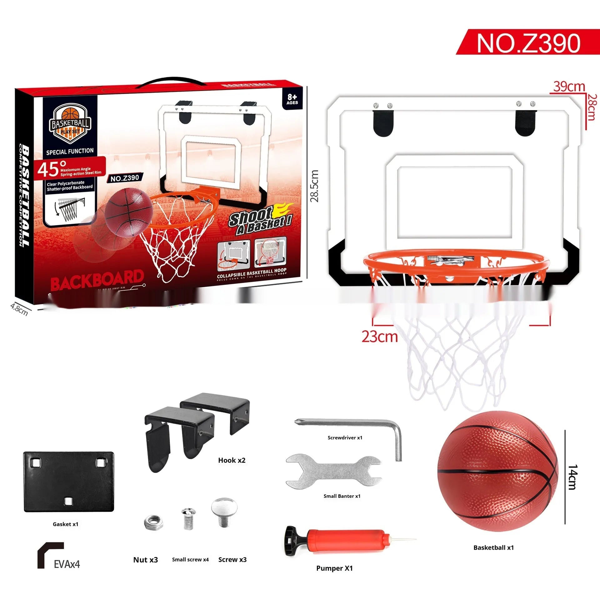 Red and blue folding basketball frame with scoring panels, suction cups, and iron hook