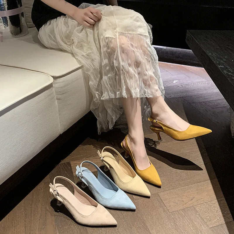 Women's pointed toe stiletto high heels in suede, shown in apricot, pink, sky blue, and yellow colours.