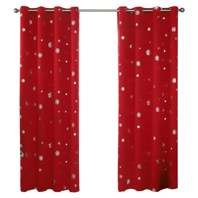 Polyester shade cloth curtain with snowflake pattern in red or green with lace loop or iron hoop trim