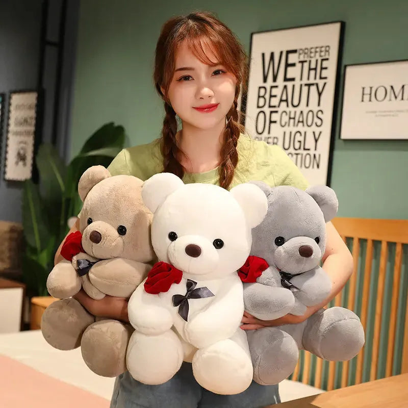 Rose bear plush teddy doll pillow in short plush fabric with PP cotton filling