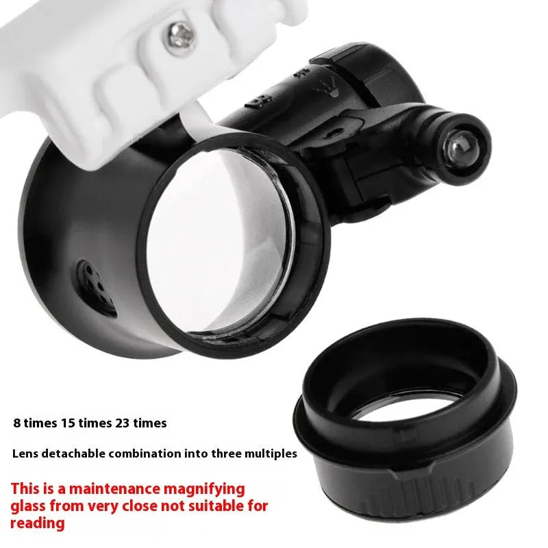 White head mounted magnifying glass with adjustable band and built-in LED light for close-up repair work