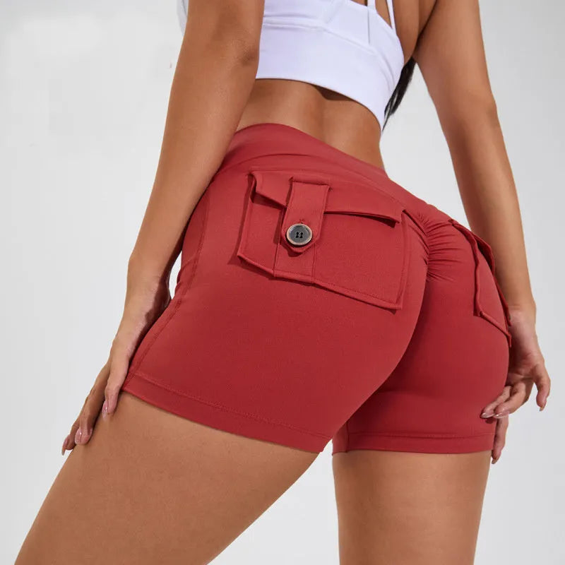 Women's high waist fitness shorts with pockets in avocado green colour for yoga and workouts