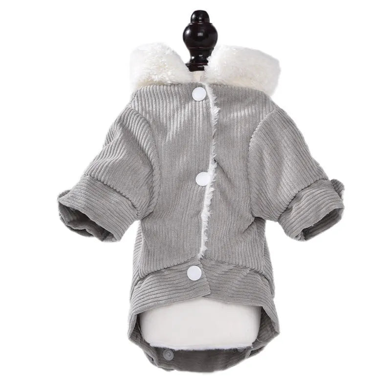 Lambswool grey padded dog vest with wool lining for winter wear, shown on a dog model.