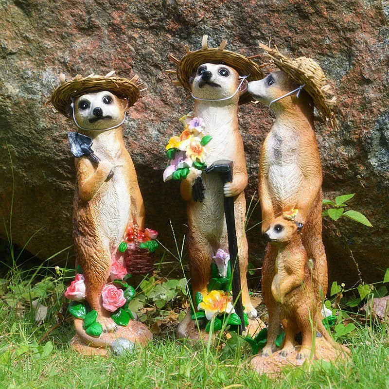 Plastic resin mongoose garden ornament with straw hat in three colour variations
