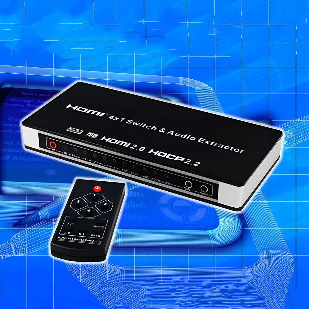 Black four input one output HDMI switch with remote control and power adapter