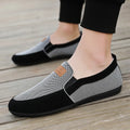 Men's grey and khaki canvas casual board shoes with round toe and stitching detail.