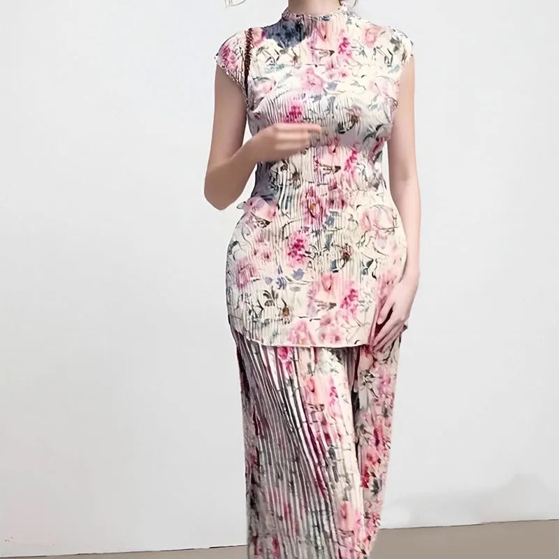 Long sleeve printed chiffon two-piece dress set with lace trim top and high waist maxi skirt