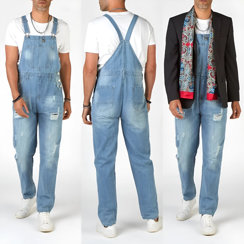 Light blue men's ripped suspender jeans with high waist and straight legs showing button fly and adjustable braces