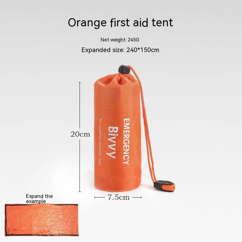 Orange portable disaster relief tent kit with sleeping bag and emergency blanket laid out.
