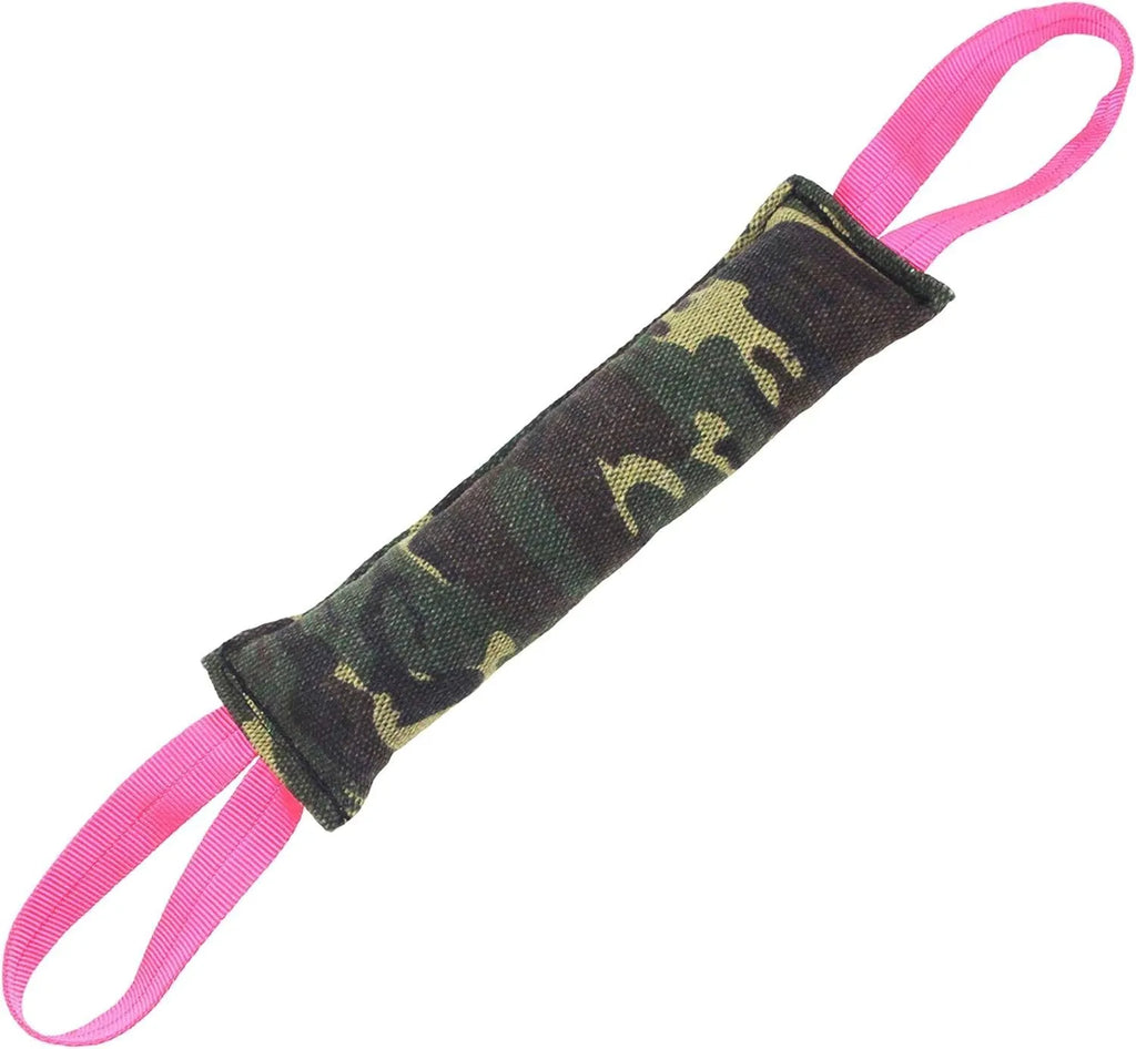 Beige and pink jute dog tug toy with two fabric handles for interactive play.