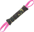 Beige and pink jute dog tug toy with two fabric handles for interactive play.