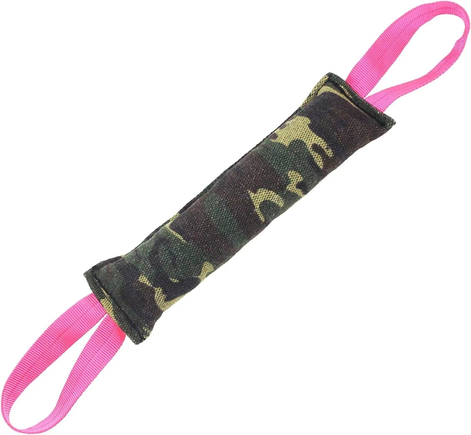 Beige and pink jute dog tug toy with two fabric handles for interactive play.