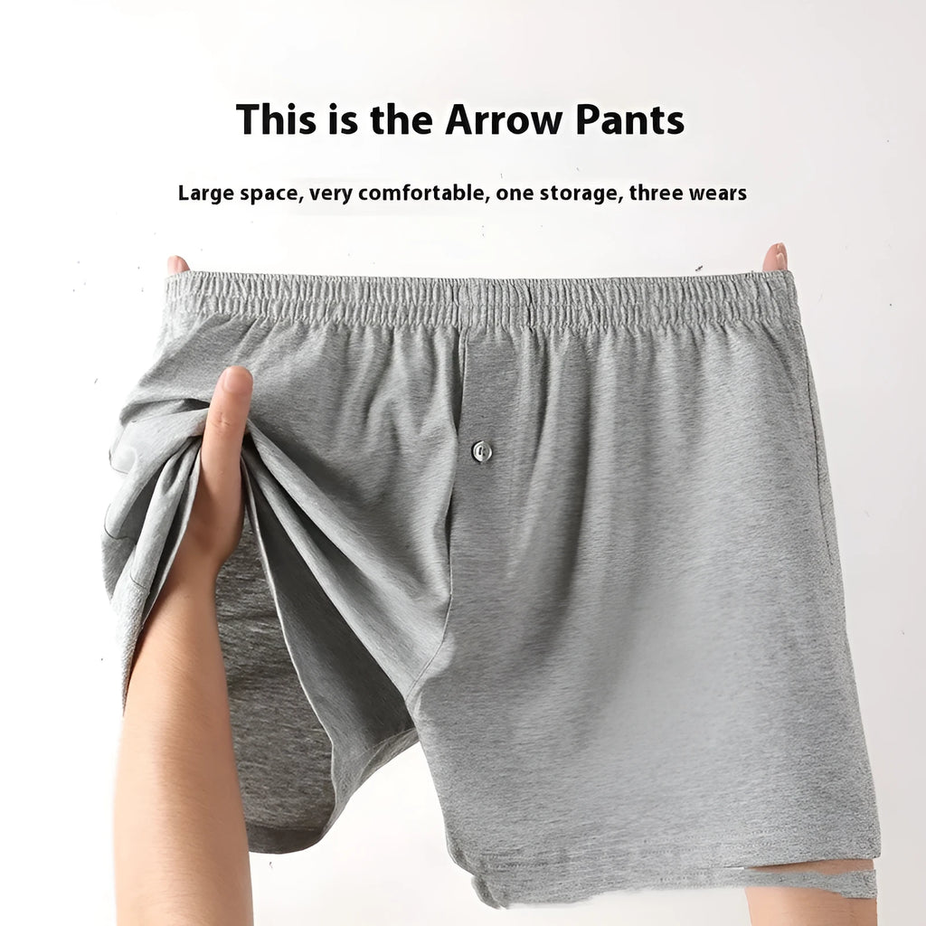 Men's high-waisted loose-fit cotton boxer shorts in black, grey, and navy blue.