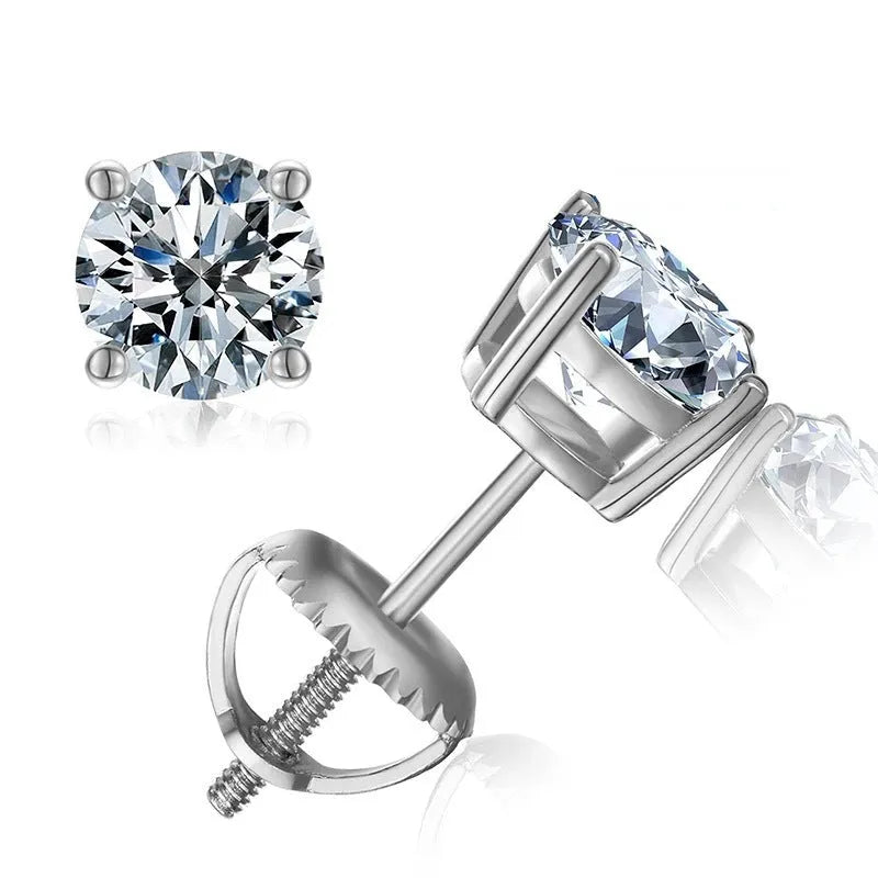 Silver plated screw back moissanite stud earrings with four claw setting in geometric shape