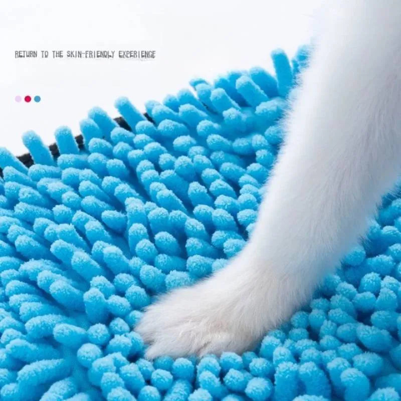 Blue soft fibre pet bath robe towel laid flat, showing its size next to a dog silhouette.