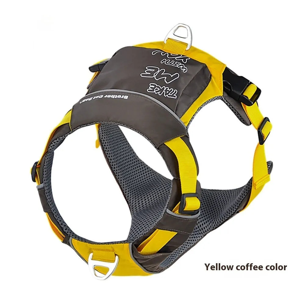 Orange blue nylon dog vest harness showing chest strap and back attachment points for secure pet control