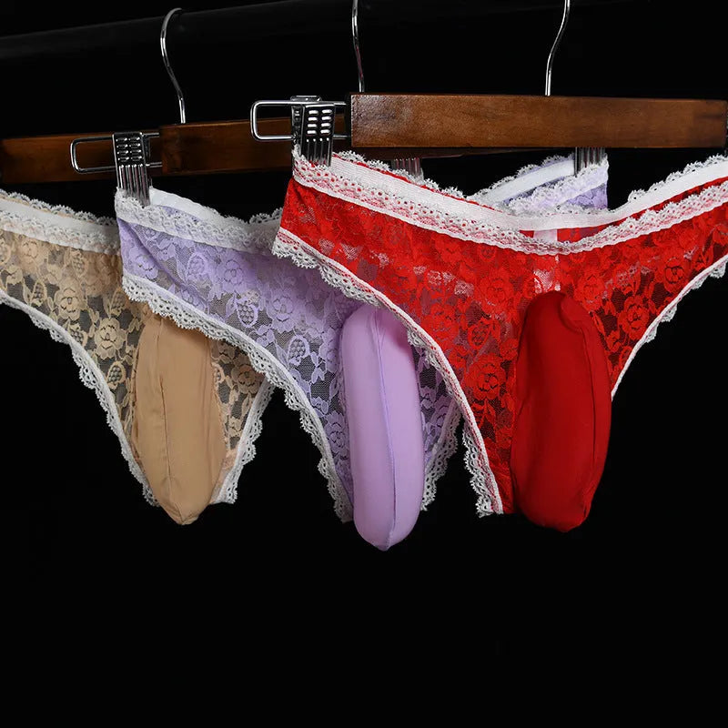 Men's lace underwear with vertical pouch design in low waist style
