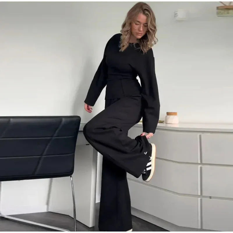 Women's polar fleece suit set with pleated top and wide leg trousers in black, apricot, grey or wine red