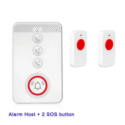 White emergency alert system with central buzzer unit and three wearable emergency buttons