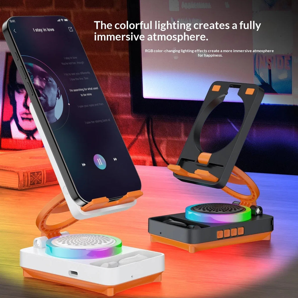 TF27BOX multifunctional mobile phone holder with integrated speaker in black and white colour options
