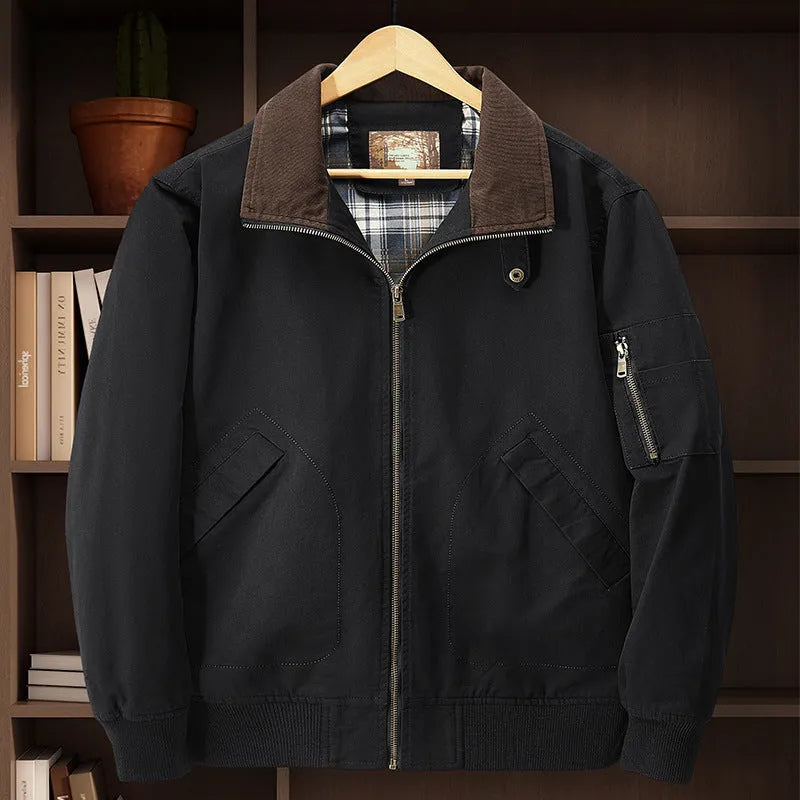 Men's washed cotton baseball flight jacket in Army Green colour on a hanger
