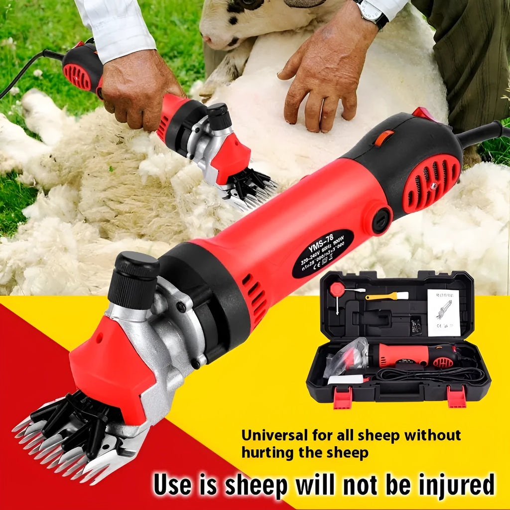 Yellow electric wool shearing machine with 110V plug and multiple blade sets in plastic storage case