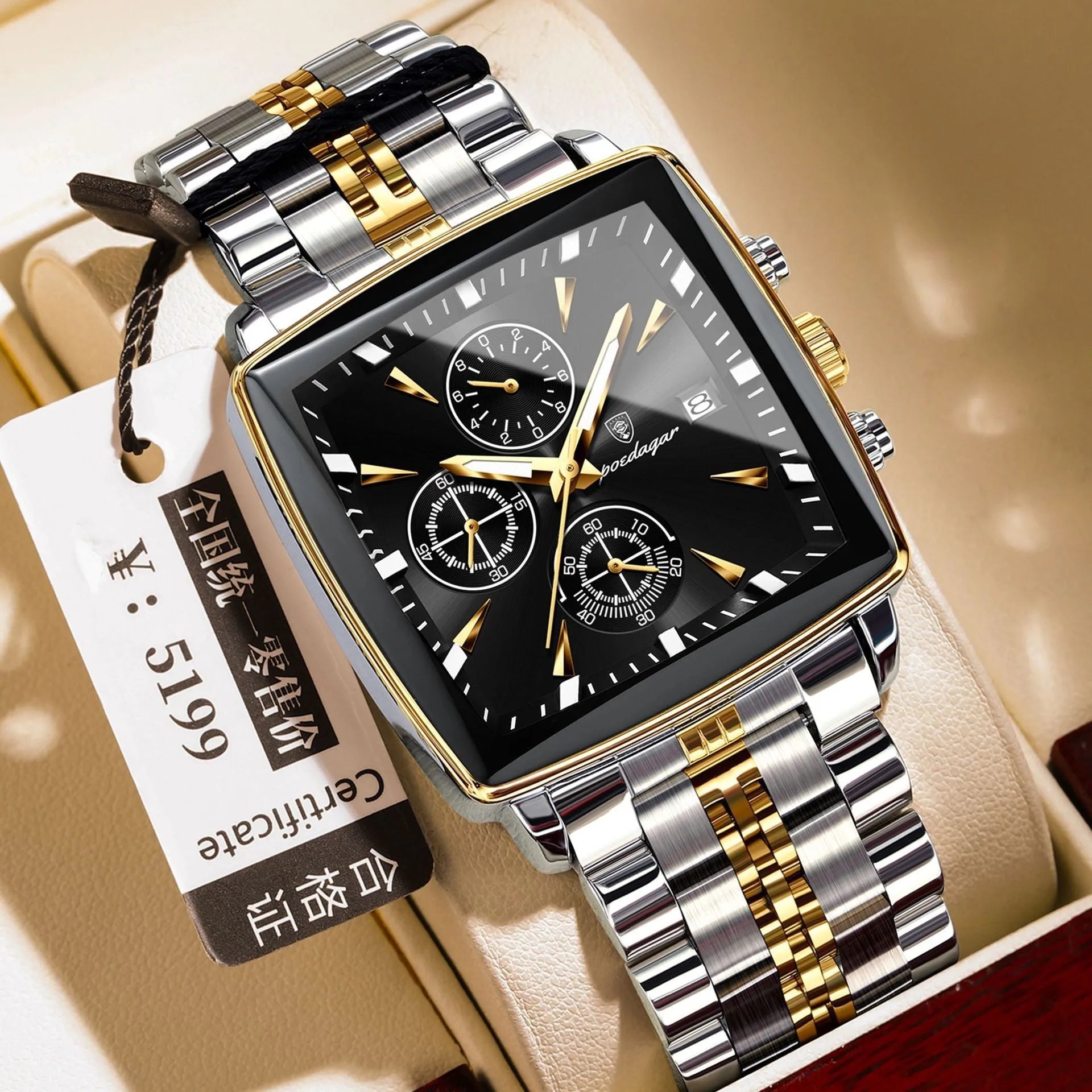 Square men's business watch with alloy case and stainless steel bracelet on wrist.