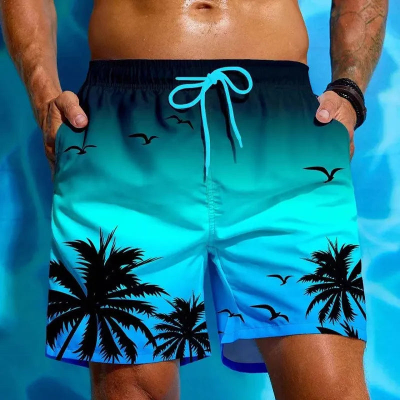Men's loose board shorts in ethnic pattern with medium elastic waistband