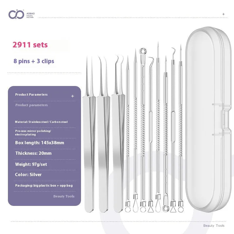 Four metal acne needles with pointed tips arranged on a clean surface.