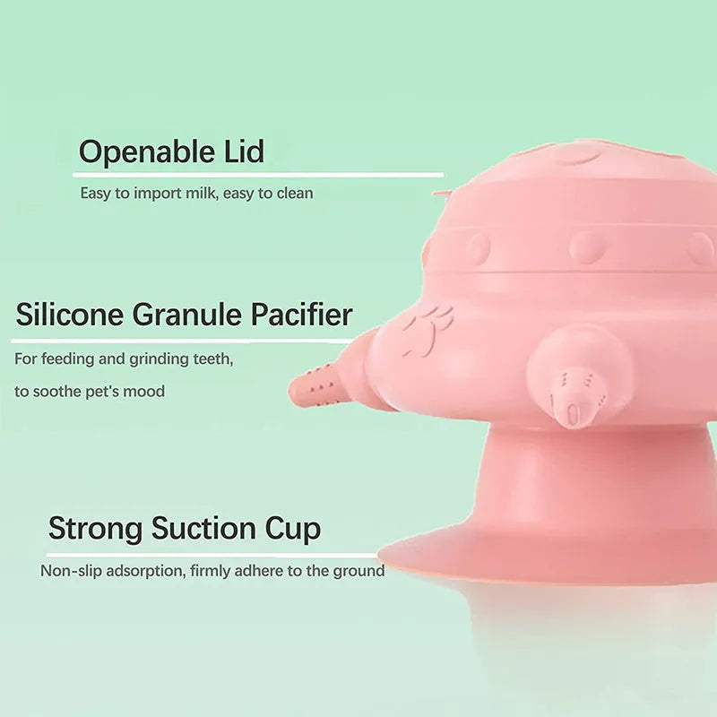 Pink silicone pet nursing device with breast-shaped milk bowl and pacifiers for feeding puppies and kittens