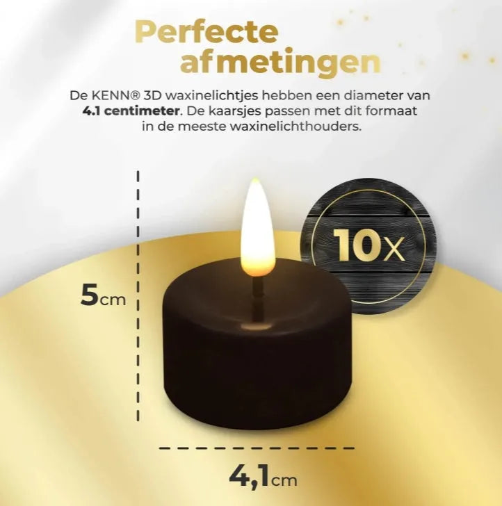 Four black S10 LED tealight candles showing realistic flickering light effect