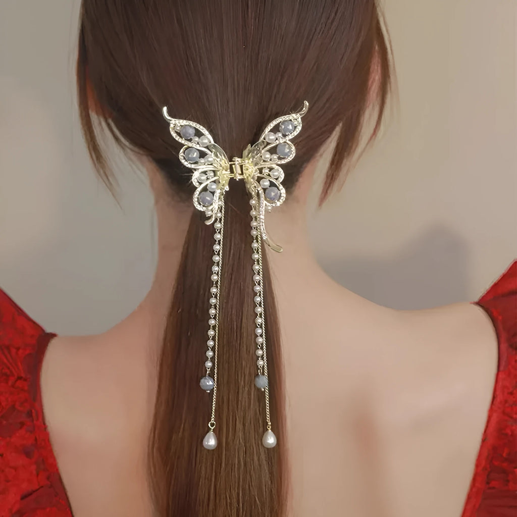 Women's alloy hair grab clip with butterfly tassel, handcrafted retro literary style, 8x8.5 cm butterfly and 15 cm tassel