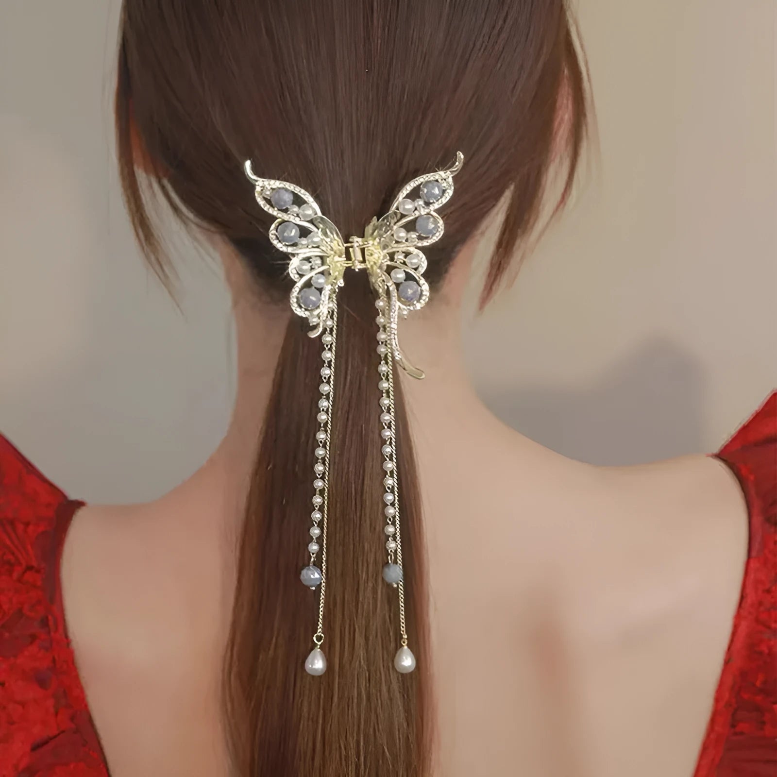 Women's alloy hair grab clip with butterfly tassel, handcrafted retro literary style, 8x8.5 cm butterfly and 15 cm tassel