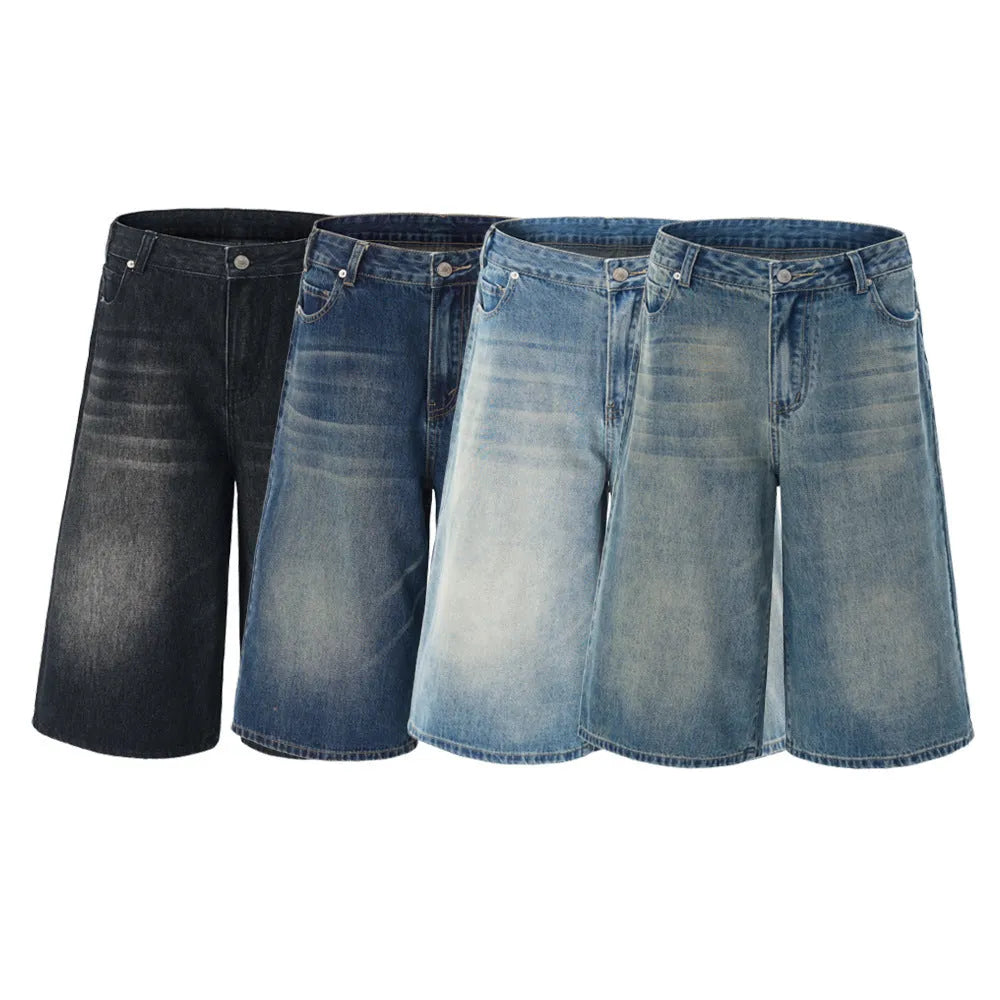 Men's straight-leg cotton denim shorts in cropped length on a casual model