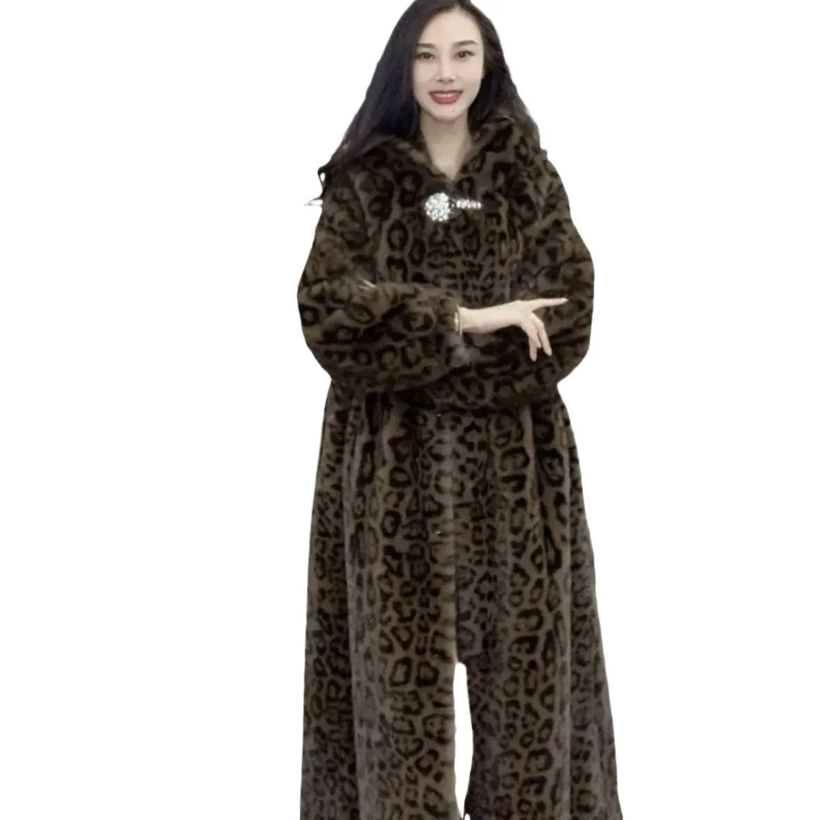Women's plus size long faux fur coat in brown leopard print with 100cm extended length