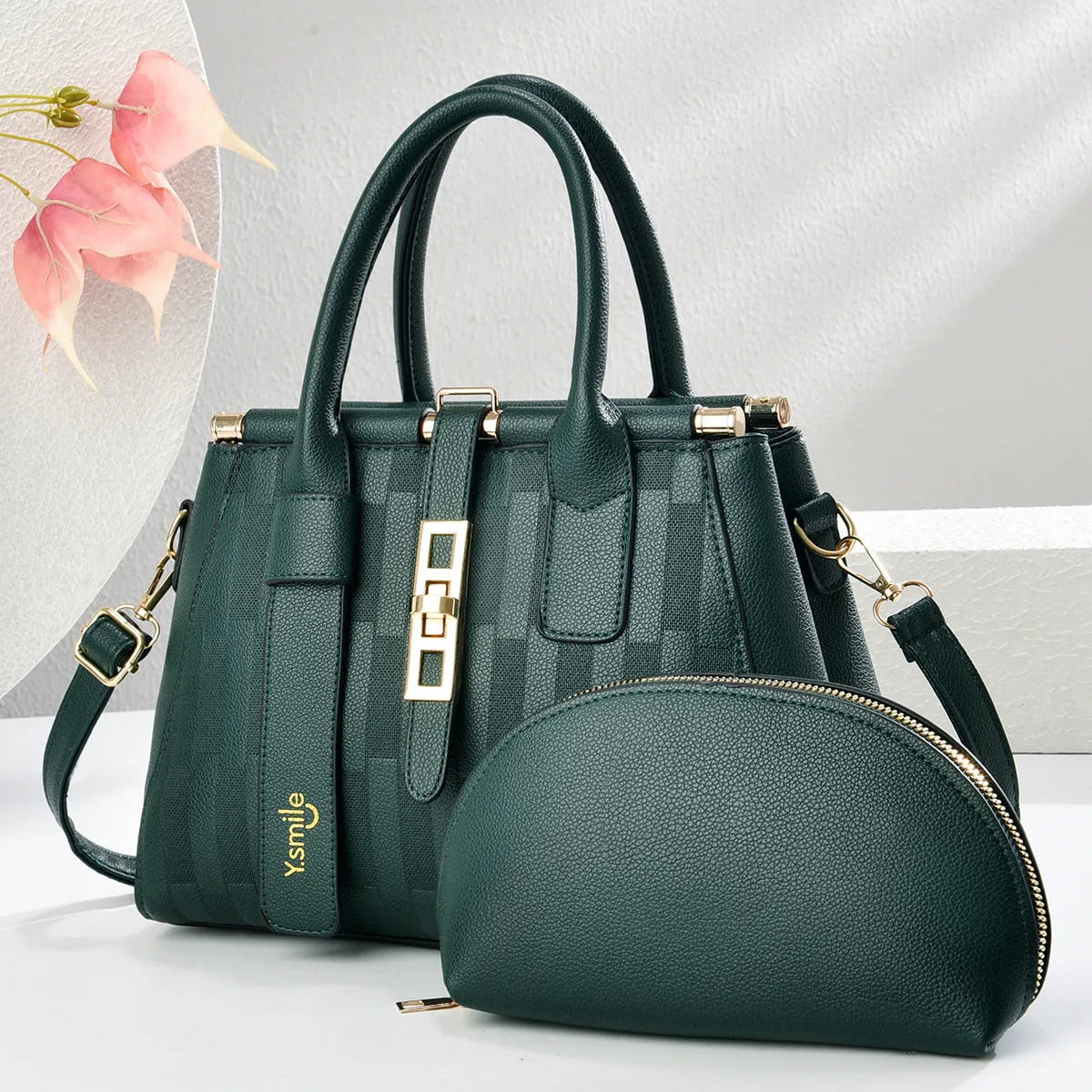 Round suitcase-shaped women's crossbody shoulder bag in PU leather showing dimensions of 28x13x20cm