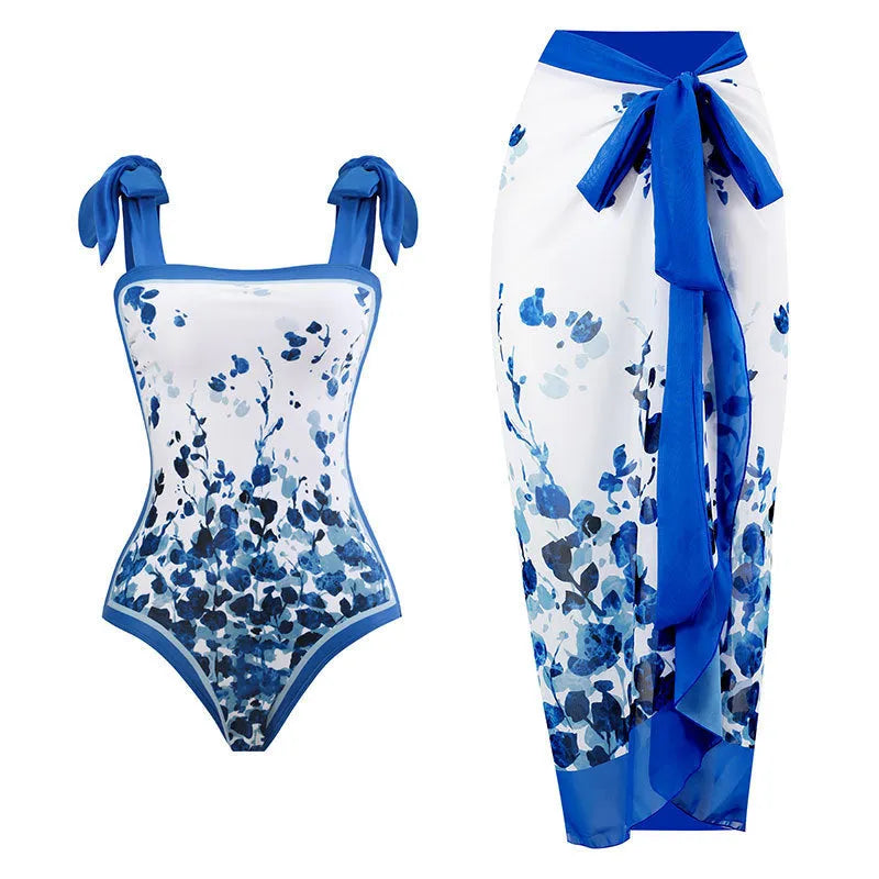Women's retro floral one-piece swimsuit with chiffon skirt in yellow and black feather patterns