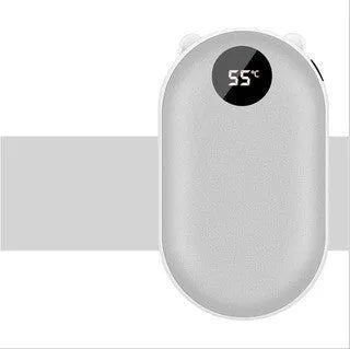 Compact rechargeable hand warmer and power bank with digital display in assorted colours.