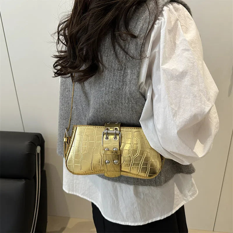 Vertical rectangle PU underarm bag with stitched patchwork, single shoulder strap, available in black, gold, white