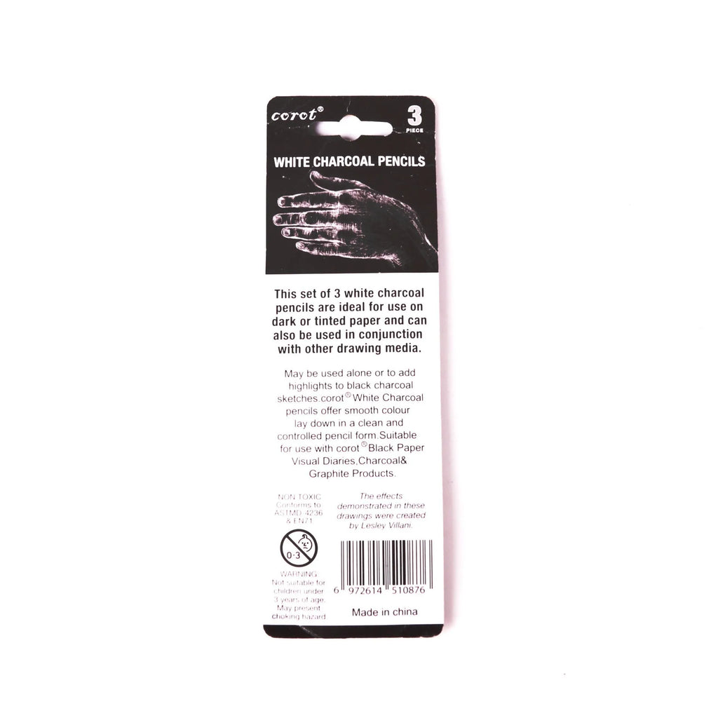 Three white charcoal pencils with wooden casings for drawing on dark paper