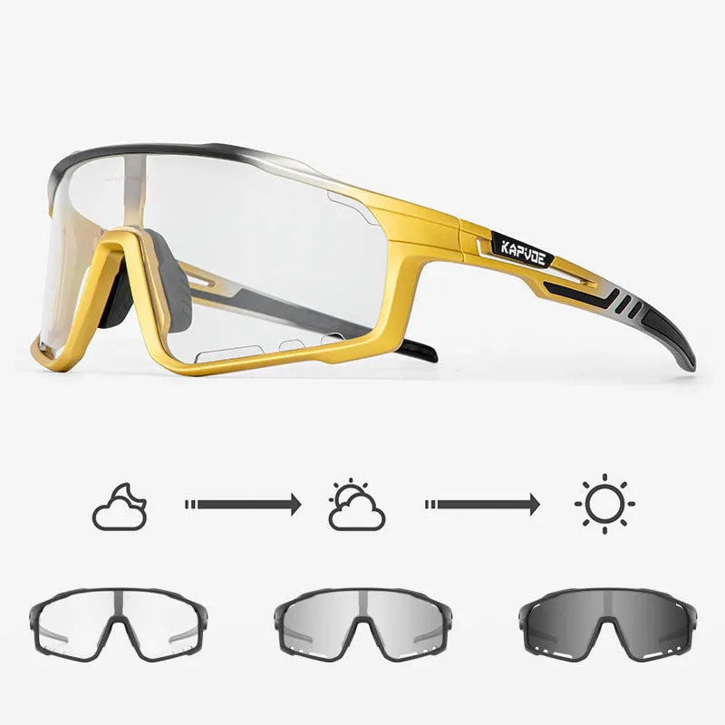 Semi-rimless photochromic cycling glasses with a TR90 frame, shown in a sport setting.
