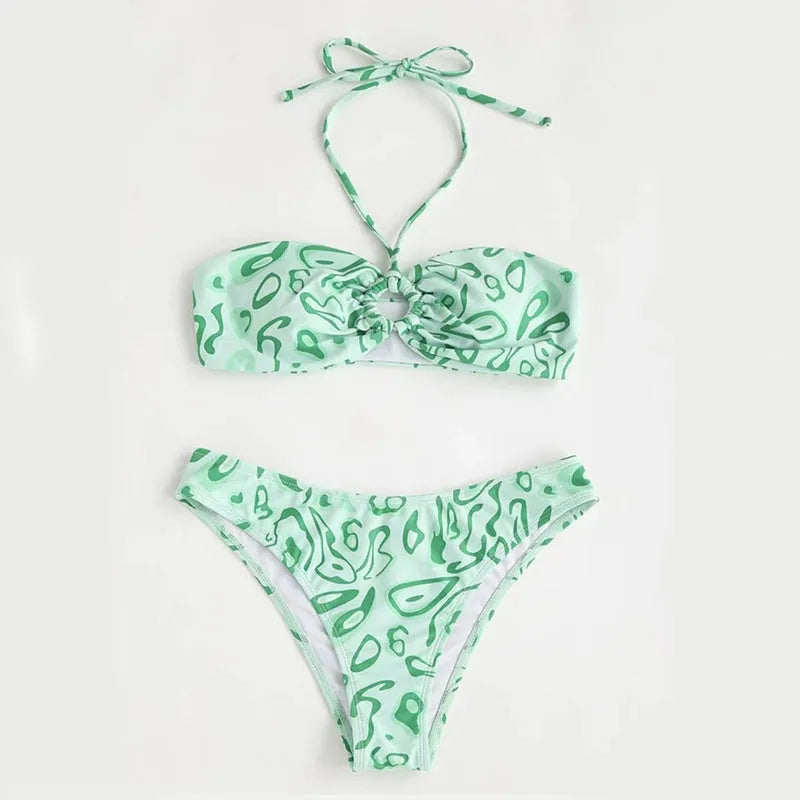 Green floral bandeau bikini swimsuit with backless design and matching briefs