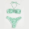 Green floral bandeau bikini swimsuit with backless design and matching briefs