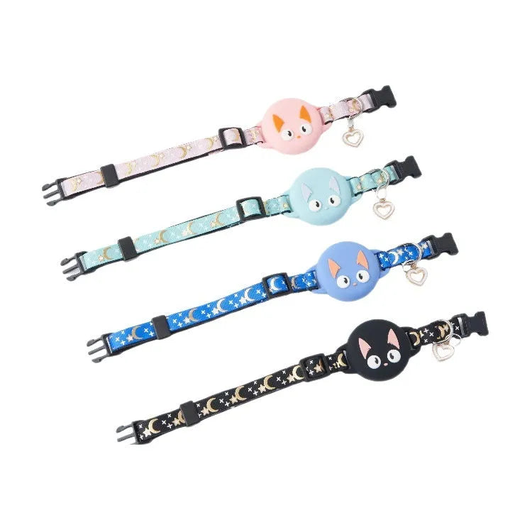 AirTag cat collar case in plastic showing adjustable sizing and four colour options