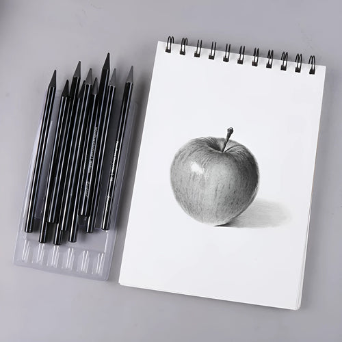 Carbonized Pencil Suit set showing graphite and carbonized pencils with wooden shells on a suction card.