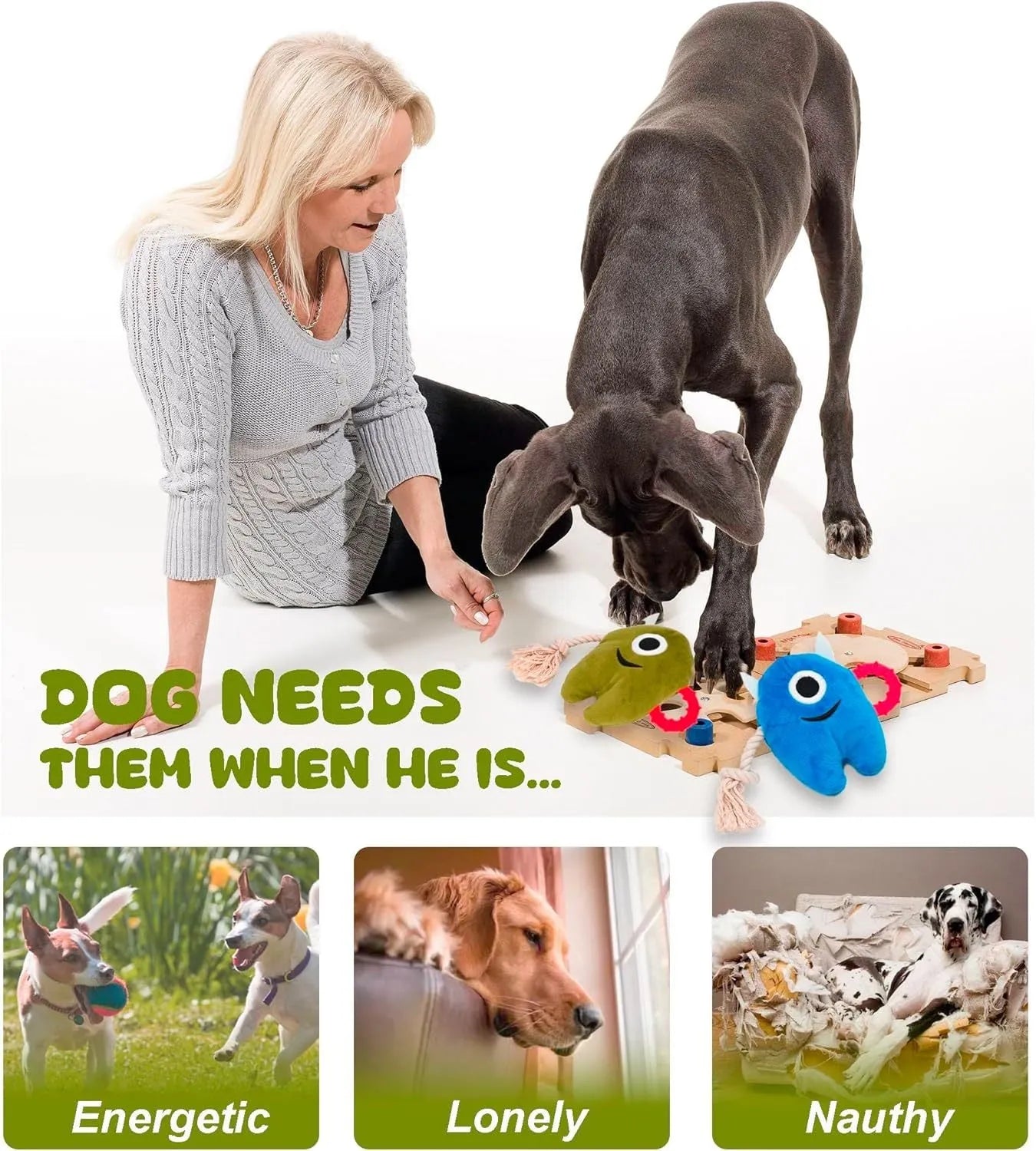 Blue and green plush dog toys with integrated cotton rope and squeaker for chewing and tugging play