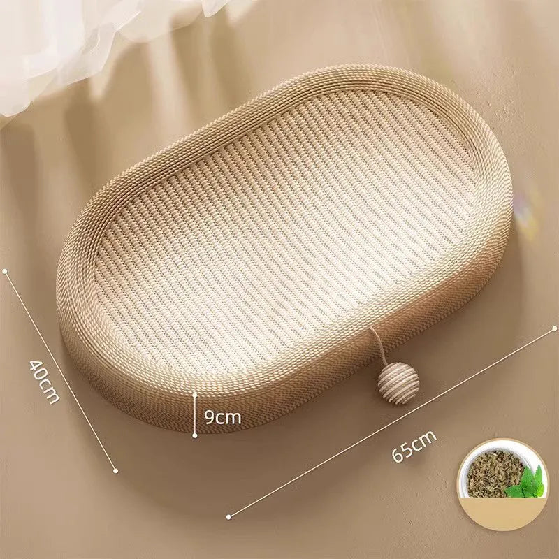 Large natural sisal cat scratching board with a built-in raised lounging bed for cats.