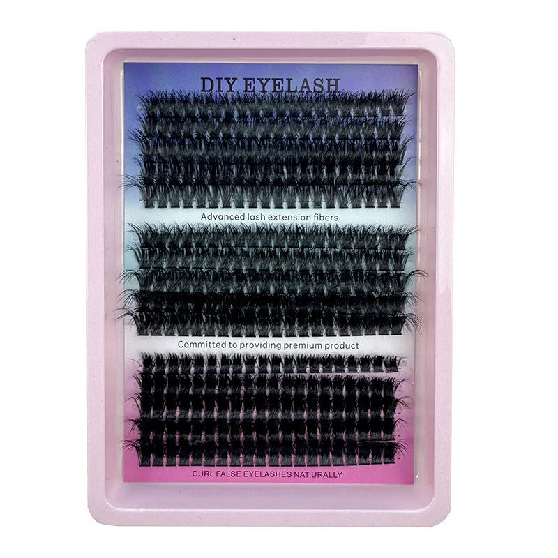 Box of assorted messy style false eyelashes showing multiple lash sets on a clear tray