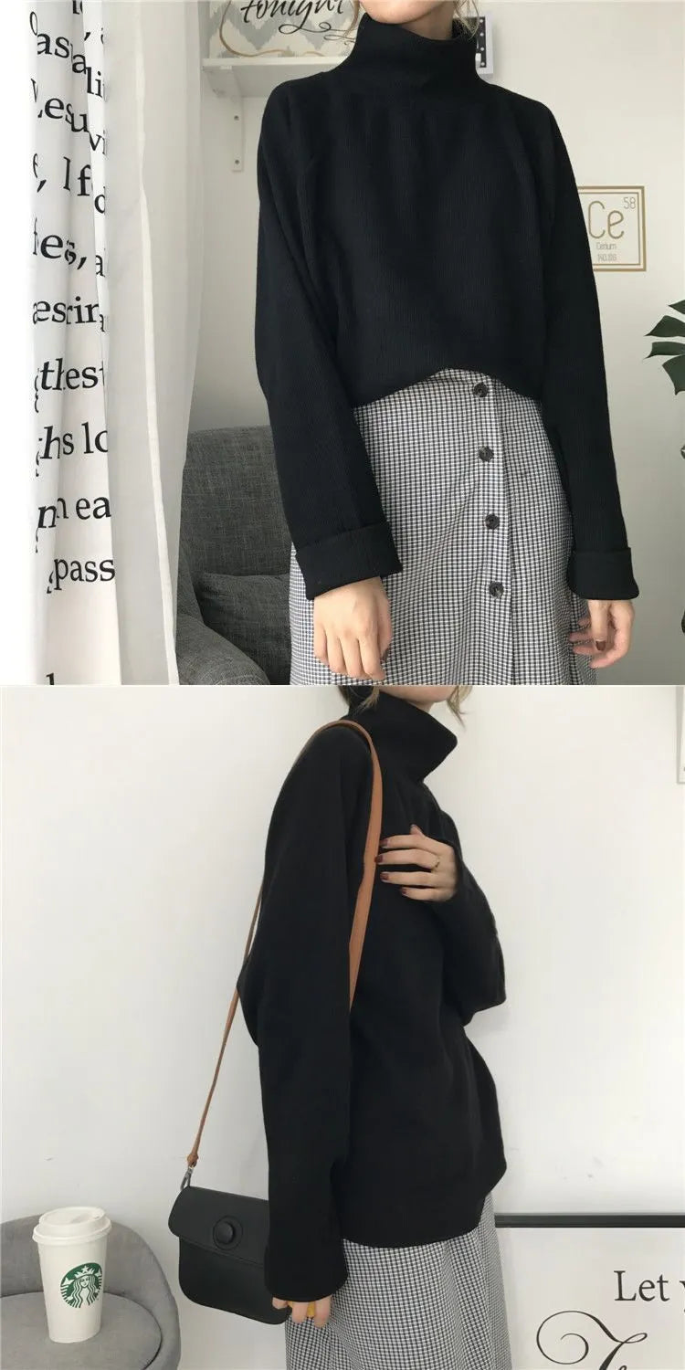 Women's half-high collar long sleeve top in solid colour polyester fabric with loose fit design
