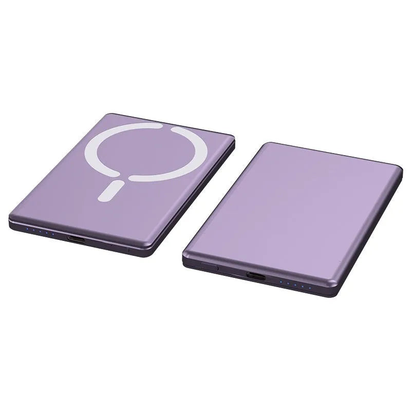 Ultra-thin magnetic power bank measuring 105x66mm in black dark gray silver violet colours